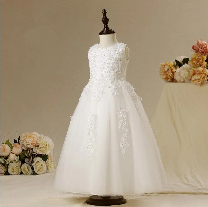 Sukienki dziewczynki vestidos de Daminha biały tiul koronkowy koralika balowy suknia balowa długa kwiat dziewczyna na wesela 2022 Dzieciowe przyjęcie urodzinowe