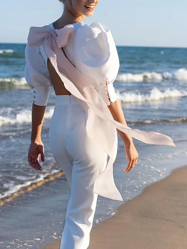 Elegant Beach Wedding sheath Wedding dress with Button and Short Sleeves - Simples, Open Back, Two-Piece Suit for Bridal Reception Elegant Beach Wedding sheath Wedding dress with Button and Short Sleeves - Simples, Open Back, Two-Piece Suit for Bridal Reception
