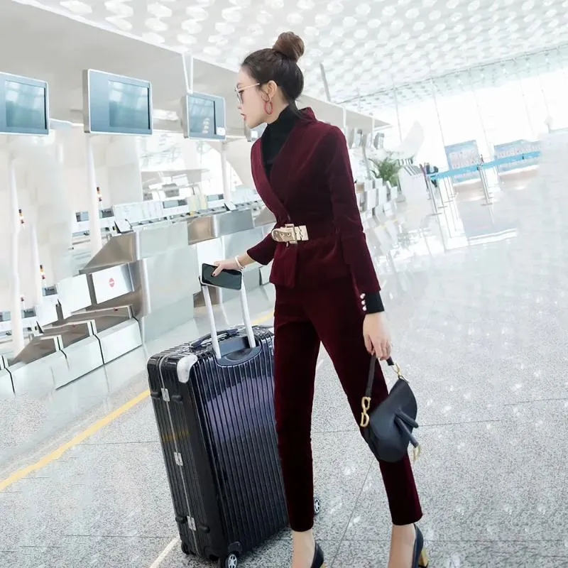 Women's Two-Piece Burgundy Red Velvet Business Suit with V-Neck  Double-Breasted Blazer and Ankle-Length Pencil Pants from Dhgate Women's  Two Piece Pants - price 77.61