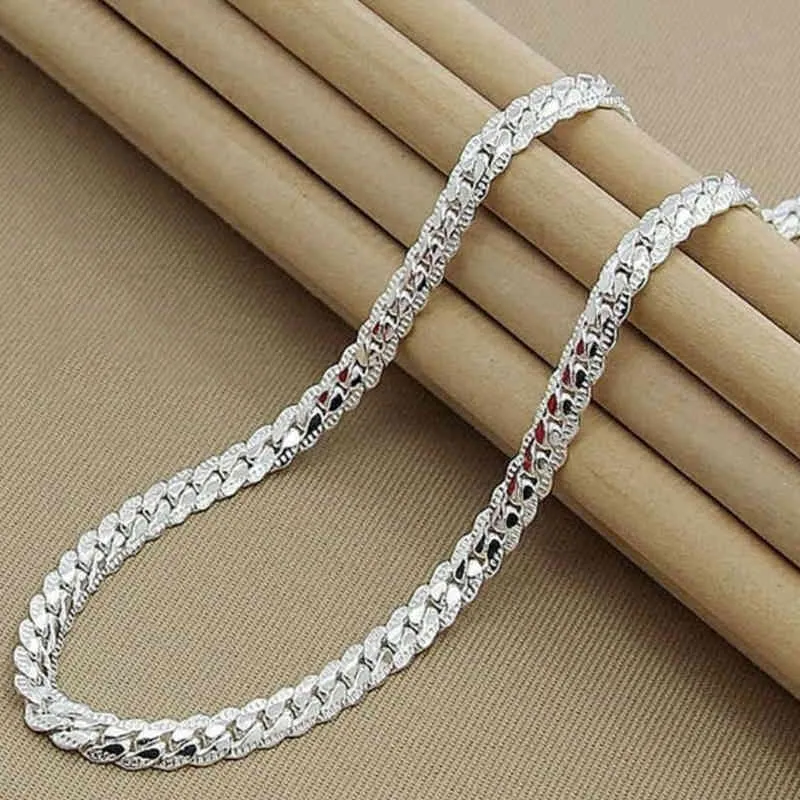 925 Silver Chain Necklace 5mm Full Sideways Cuban Link Necklace Chain For Woman Men Fashion Hip Hop Jewelry