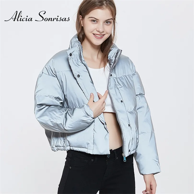 Fluorescent Clothing Night Puffer Jacket Women Reflective Winter Thick Cropped Jacket Sexy Streetwear Crop Top Luminous Coat 201128