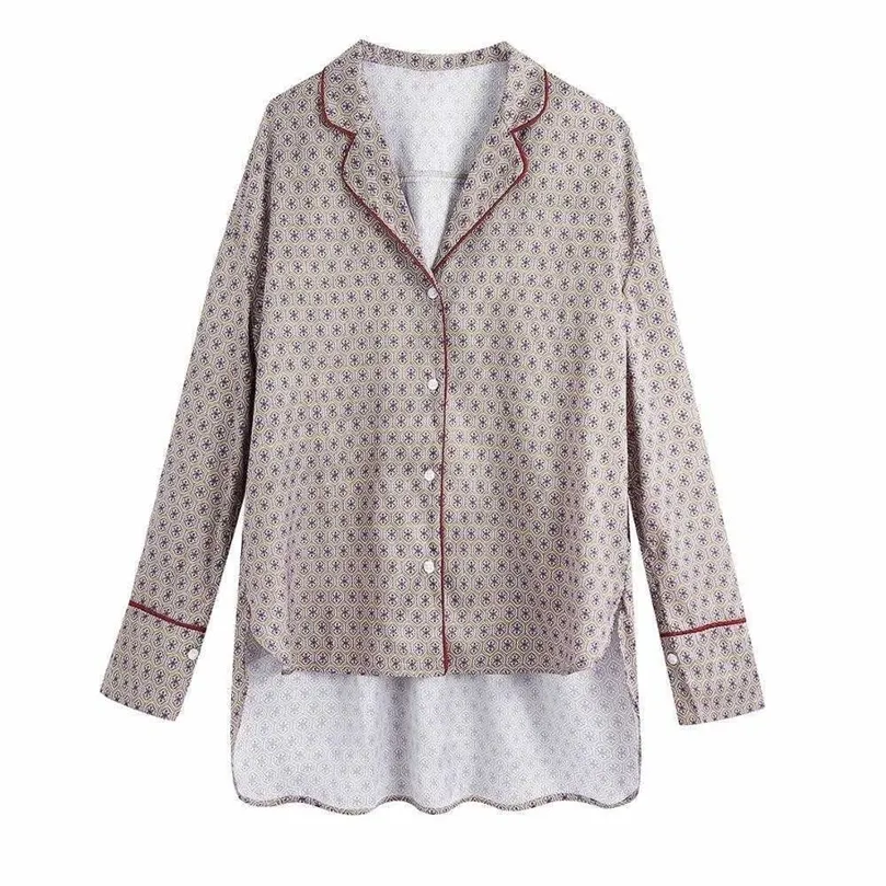 Donne Shirt pigiama stampato a maniche lunghe un orlo asimmetrico tops casual moda di alta strada camicie da donna 210709