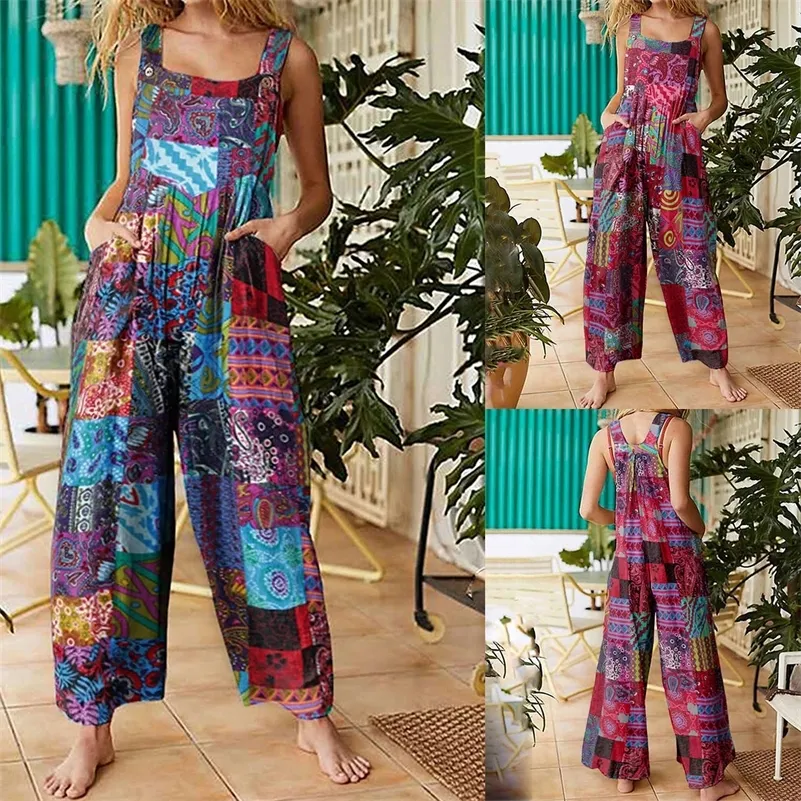Women Ethnic Style Jumpsuits Summer Overalls Multicolor Square Neck Sleeveless Casual Rompers with Pockets for Girls Playsuit 220714
