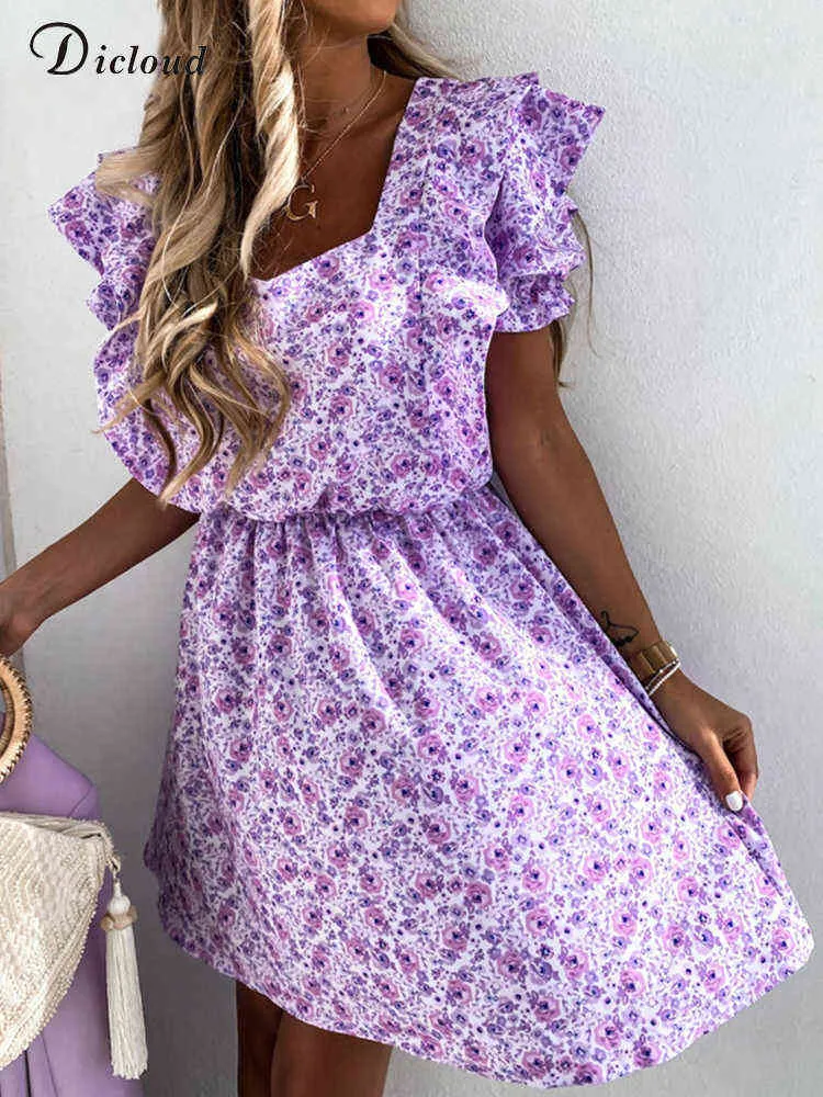 DICLOUD Boho Floral Women Dress For Summer 2022 Elegant Lilac Light Beach Short Sundress Sexy V Neck Ruffle Print Party Female G220510