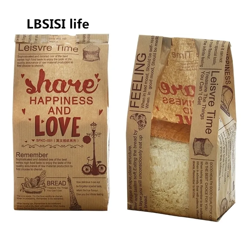 Lbsisi Life Kraft Bread Paper Saco com janela Evite petróleo Torrada de amor Bakamento de papel takeaway comida feita à mão sacos de embalagem 201015