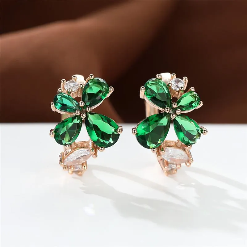 Hoop & Huggie Luxury Crystal Water Drop Stone Earrings Green Zircon Flower Fashion Gold Color Wedding For Women JewelryHoop