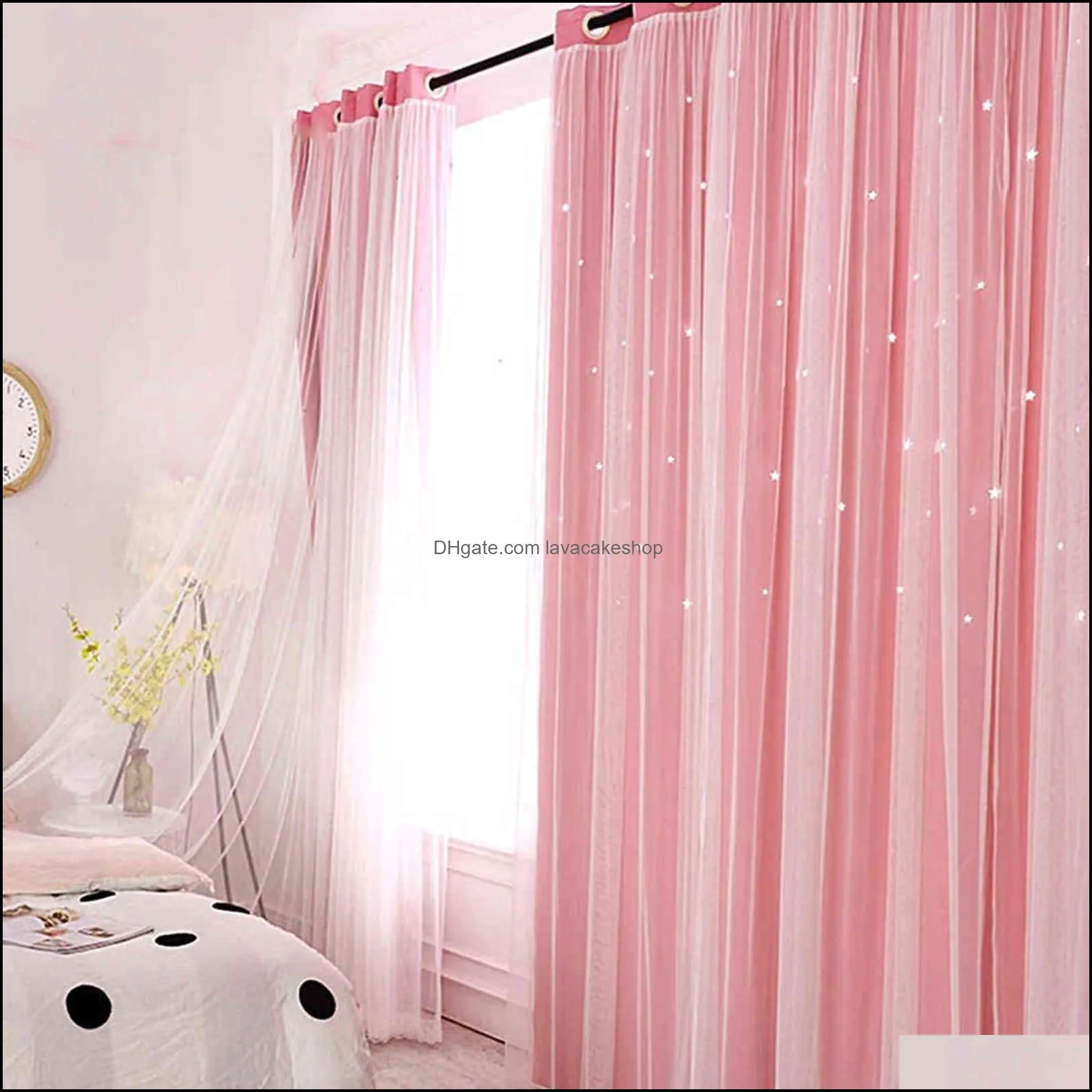 Hollow Star Thermal Insulated Blackout Curtains for Living Room Bedroom Window Curtain Blinds Stitched with white Voile 211103