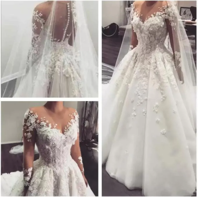 2022 Elegancka koronka Linia Szoleci ślubne Arabic Sheer Long Rleeves Applique 3D Floral Kościa Szybki ślubne Bridal z guzikami BC3370 B0513