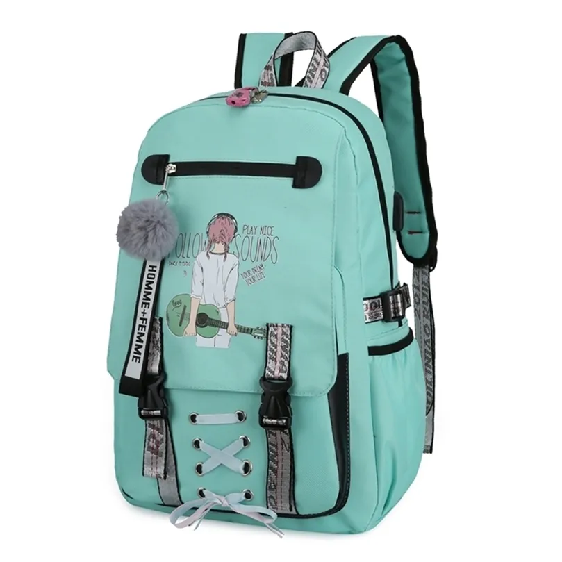 Grandes sacolas escolares para meninas adolescentes USB com bloqueio de impressão respirável durável Backpack escolar Backpack Girls Solid Zipper School Sagra LJ201225