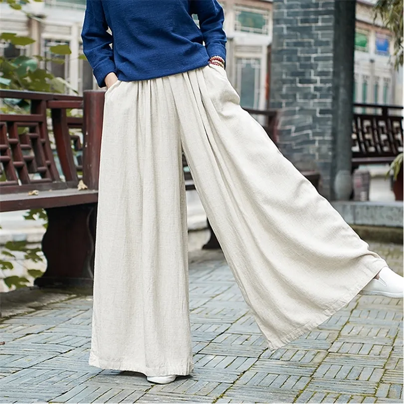 Johnature Women Linen Wide Leg Pants مرنة الخصر 2019 خريف الشتاء جيوب جديدة بالإضافة إلى حجم النساء ملابس سائبة سروال عتيقة T200319