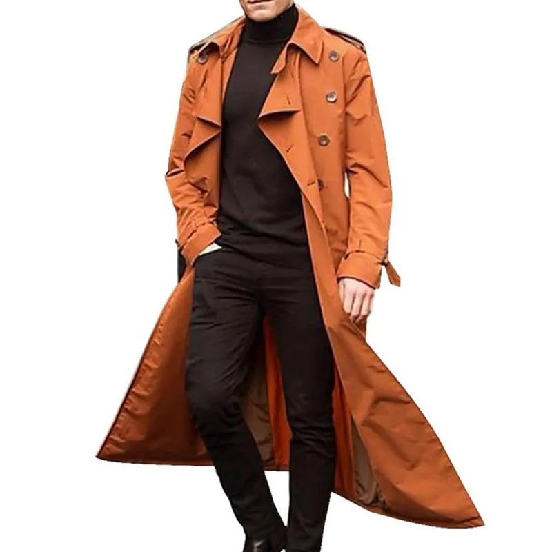 Hommes Trench Coats Hommes Casual Long Manteau Double Boutonnage Turn Down Couleur Unie Manches Coupe-Vent Veste Mode Homme OutwearMen's