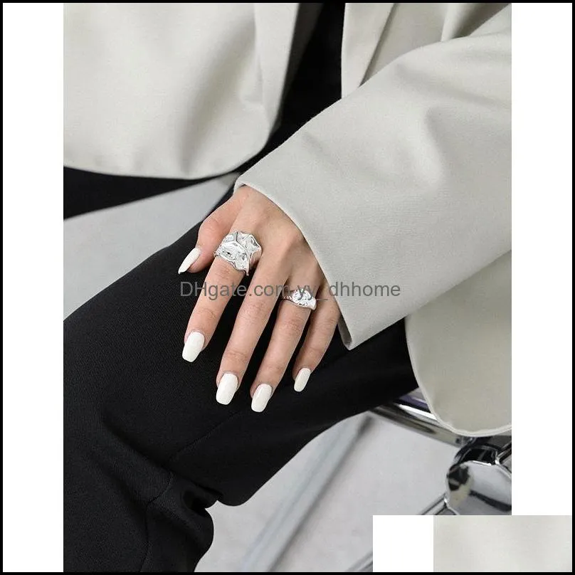 100% Authentic 925 Sterling Silver Ring Folds Texture Adjustable Finger Rings for Women Korea INS Jewelry YMR1176