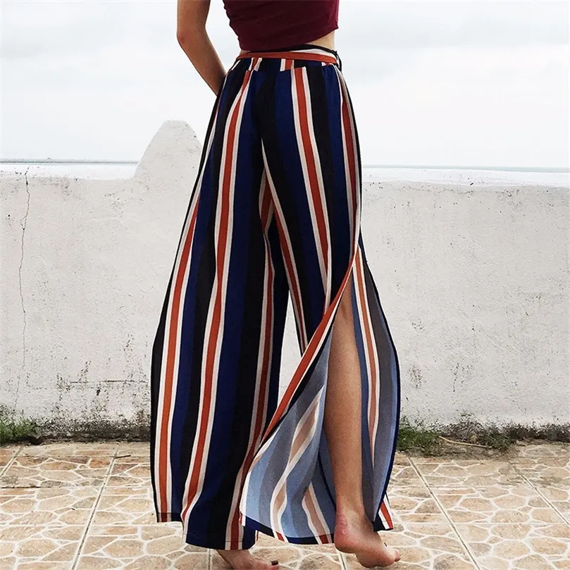 High Street Loose Striped Wide Leg Pants Holiday Full Length High Slit Chiffon Palazzo Pants Women LJ201130