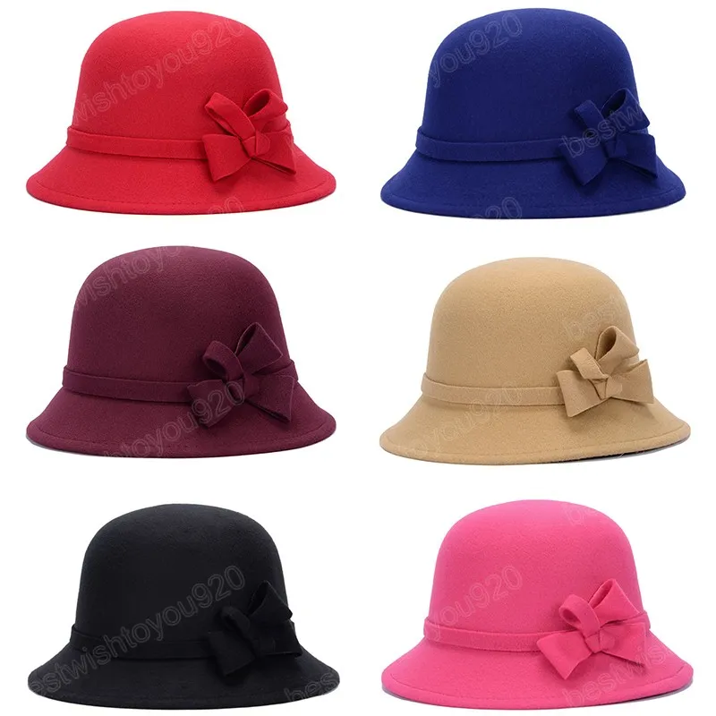 Vintage Women Wool Bucket Hat Dome Rose Flower Felt Hats Ladies Fashion Party Fedora Hat Autumn Winter