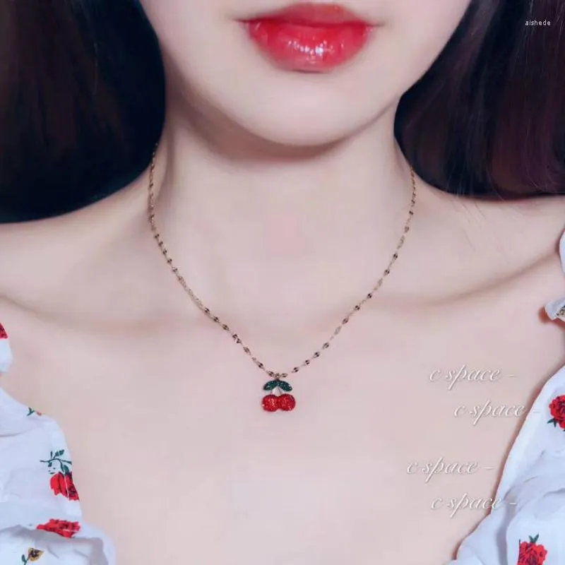 Earrings & Necklace Summer Cherry Starlight Clavicle Chain Ear Stud Set Titanium Steel RingsEarrings