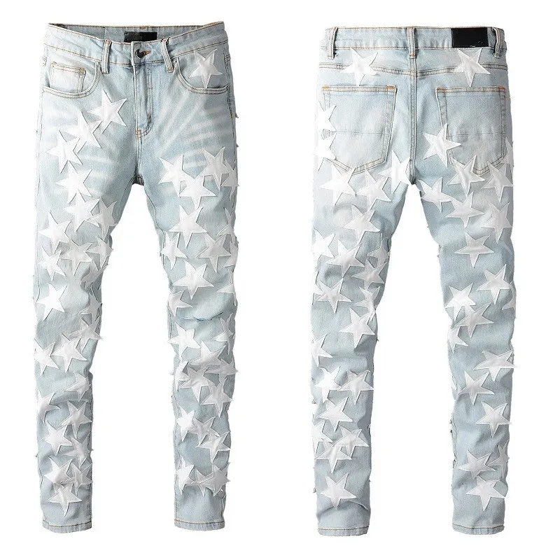 2024 Jeans per uomo Ragazzi Pantaloni skinny slim strappati al ginocchio Toppe a stella Indossando Biker Denim Stretch Moto Maschile Fit Trendy Lungo dritto Cerniera w