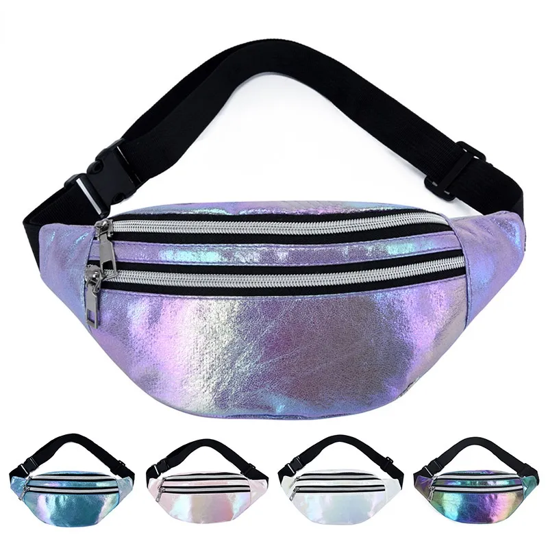 MidjaPacks Holografisk hologram Laser PU Beach Travel Banan Hip Bum Zip Waist Väskor Kvinnor Bälte Väska För Girls Sportoutdoor Packs A20