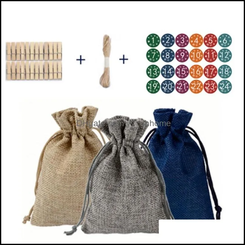 DIY Gift Bags Set 24 Clips Sacks 1 Coil Rope Sticker Drawstring Packaging Pouch Candy Storage Navy Blue Linen Grey Hot Sale 16 5ll G2