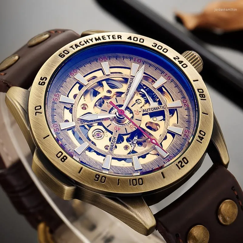 Montre automatique squelette en bronze rétro hommes SHENHUA montre-bracelet mécanique Steampunk horloge en cuir à remontage automatique Relogio Masculino montres-bracelets