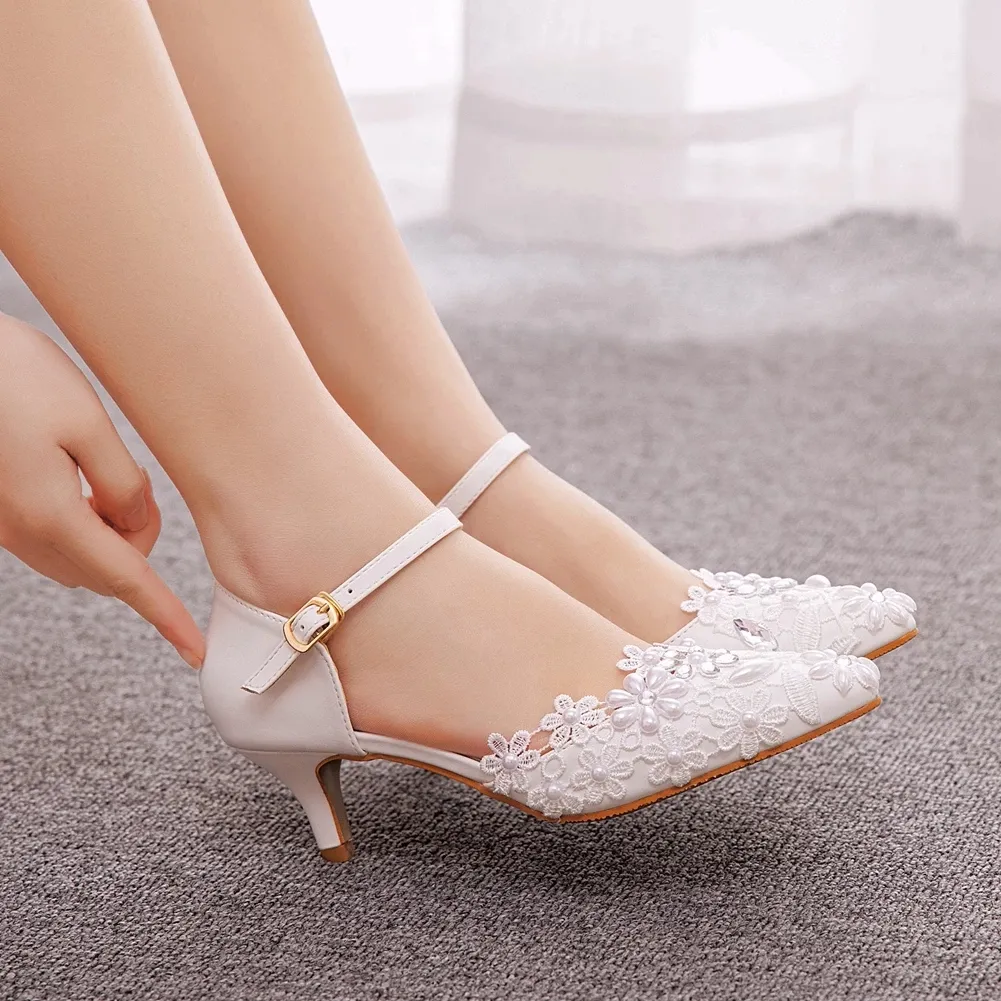 Beyaz Dantel İnci Rhinestone Kadınlar Moda Saçımlı Toe Sandal Yaz 5cm Yüksek Topuklular Zarif Mary Jane Ayakkabıları