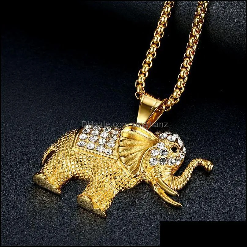 stainless steel iced out crystal elephant animal pendant necklaces with chain men`s hip hop gold silver plated jewelry