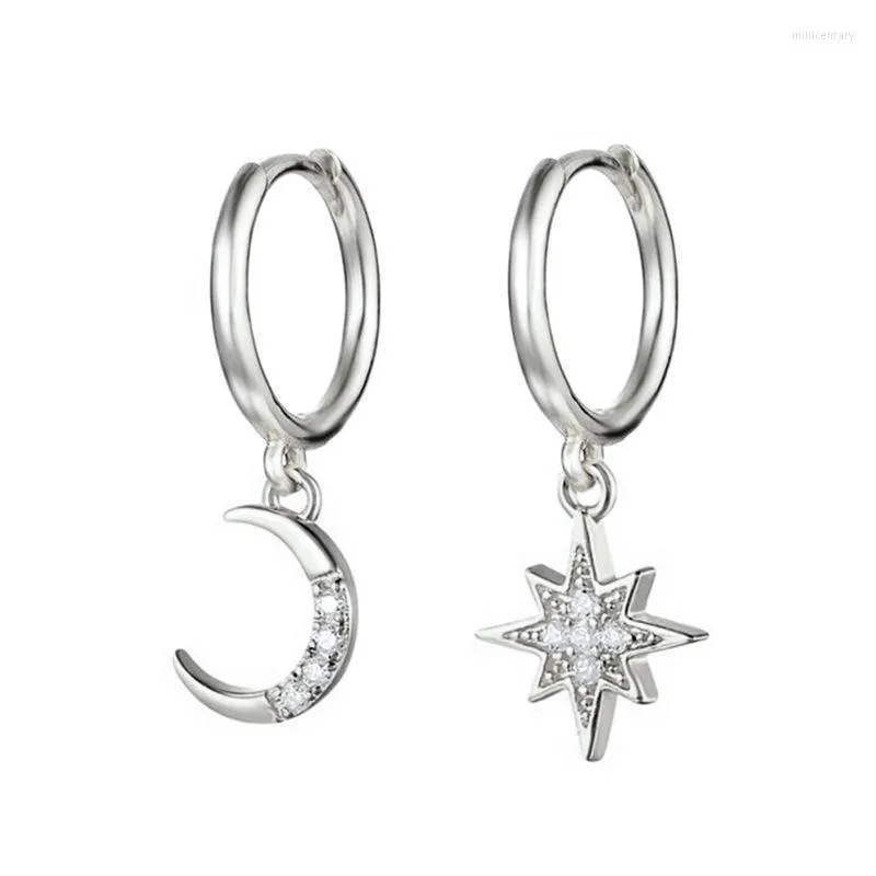 Pendientes para prevenir alergias, pendientes asimétricos de estrella y Luna de Color plateado, dijes de cristal para mujeres y niñas, joyería Eh375Stud Mill22