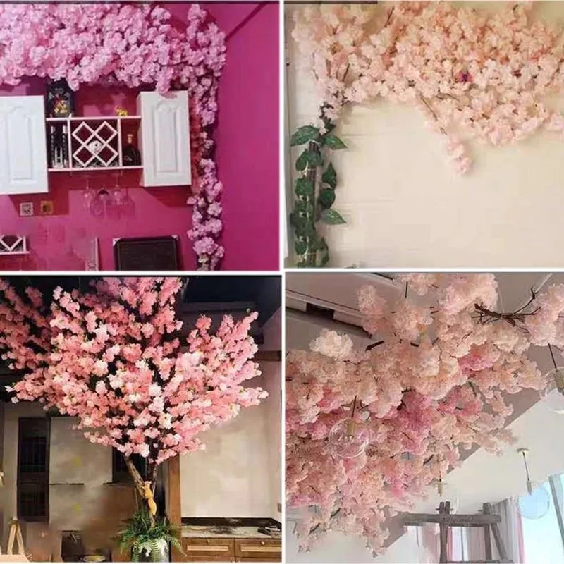 装飾的な花の花輪シャンパンチェリーツリー人工赤い絹の結婚式の装飾枝ホーム天井大文字