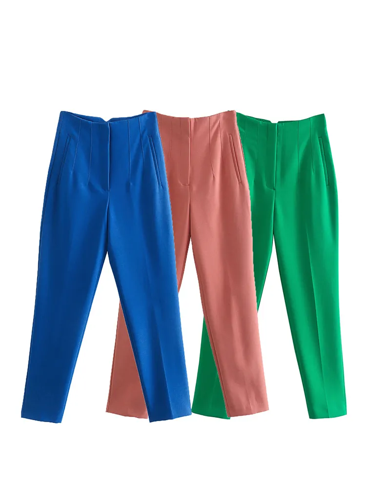 PB ZA Kadınlar Bahar Şık Moda Yan Cepleri Düz Pantolonlar Vintage Yüksek Bel Ferminalli Sinek Kadın Pantolon Mujer 220725