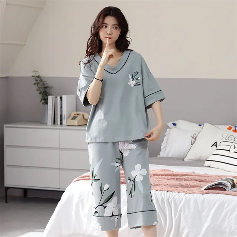 Stor storlek M-5XL Kvinnor Kortärmad Pyjamas Set Lounge Bomull Sleepwear Girls Loose HomeWear 220329