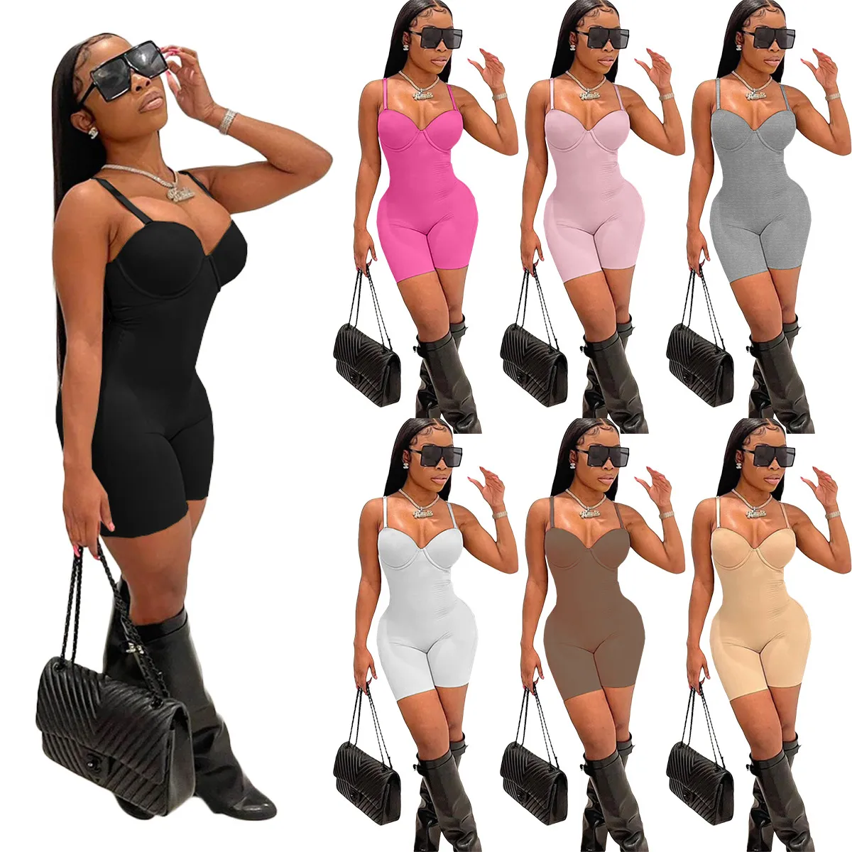 2022 New Design Womens Rompers Spring Summer Autunm Sexy One Piece Rompers Nude Sleeveless Strap Women Jumpsuits Deep V Neck Short Club Slim Fit Empire Waist Clohtes