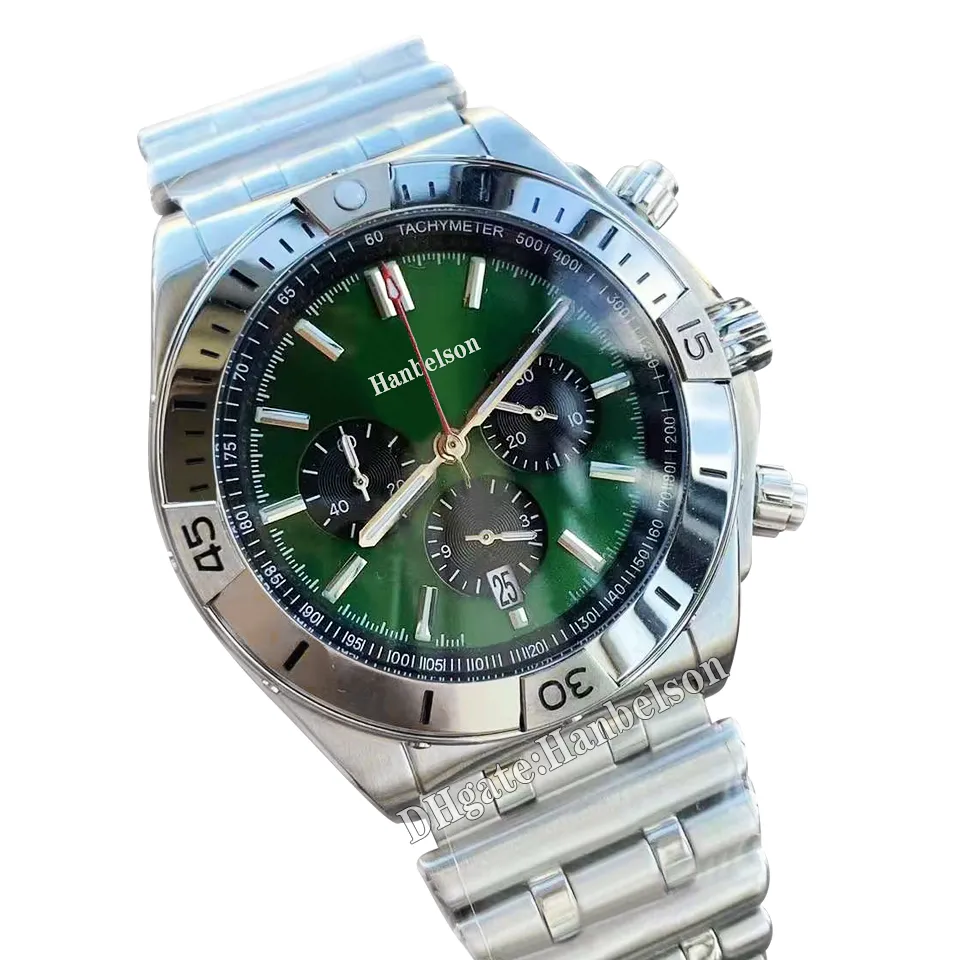 1884 Chronographe Montre pour homme Cadran vert VK Mouvement à quartz Plein fonctionnement B01 Heavy Steel Roller Ball Bracelet Designer Montre-bracelet pour homme 46mm