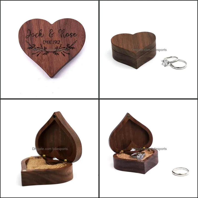 Wooden Jewelry Storage Boxes Blank DIY Engraving Retro Clan Style Heart Shaped Ring Box Creative Gift Packaging Supplies RRE7991