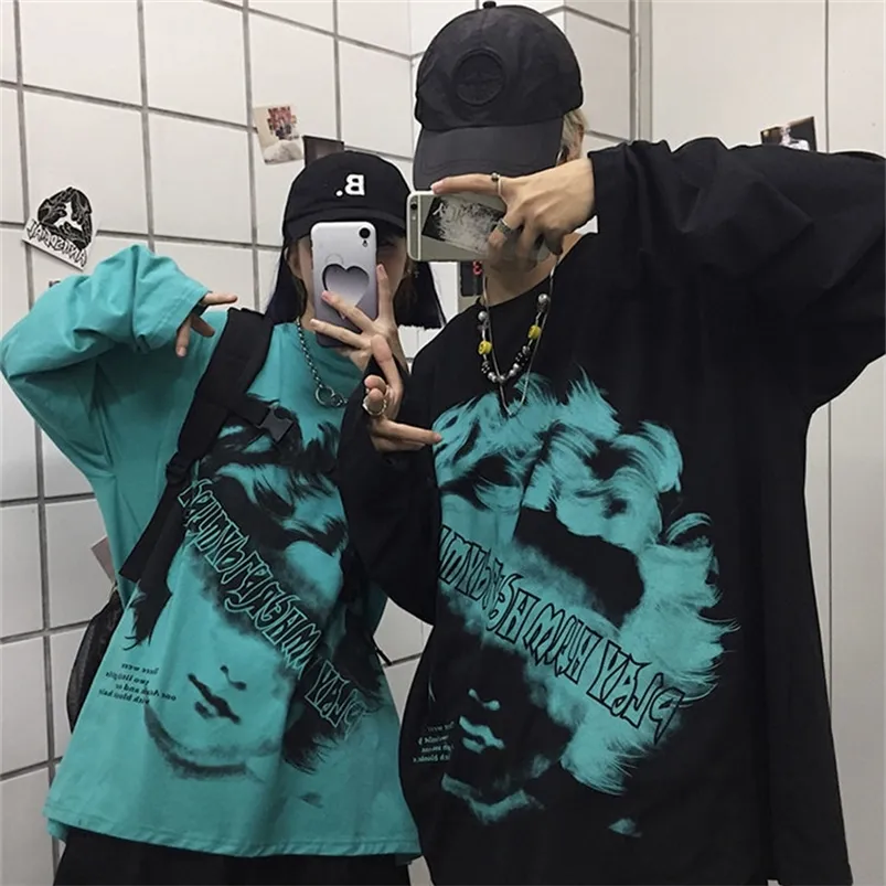 Harajuku casual män långärmad t-shirts kvinnlig svart gotisk tecknad vintage tryck streetwear baggy lös hip hop bf t skjortor 220708