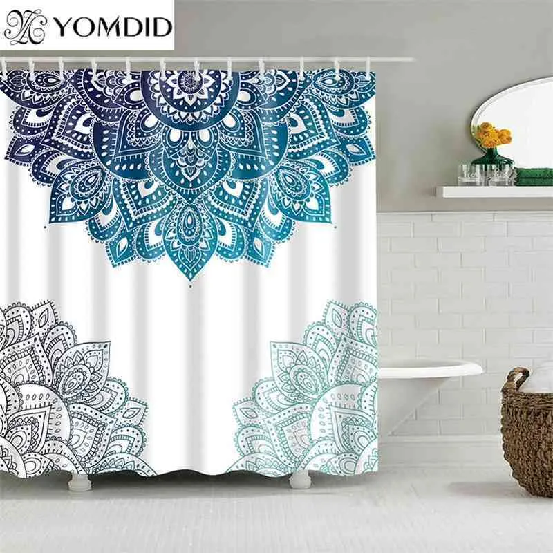 Vattentät duschgardin Mandala Flower Printed Bath Curtain Polyester Fabric Geometric Home Bath Decor Curtain med 12 210402