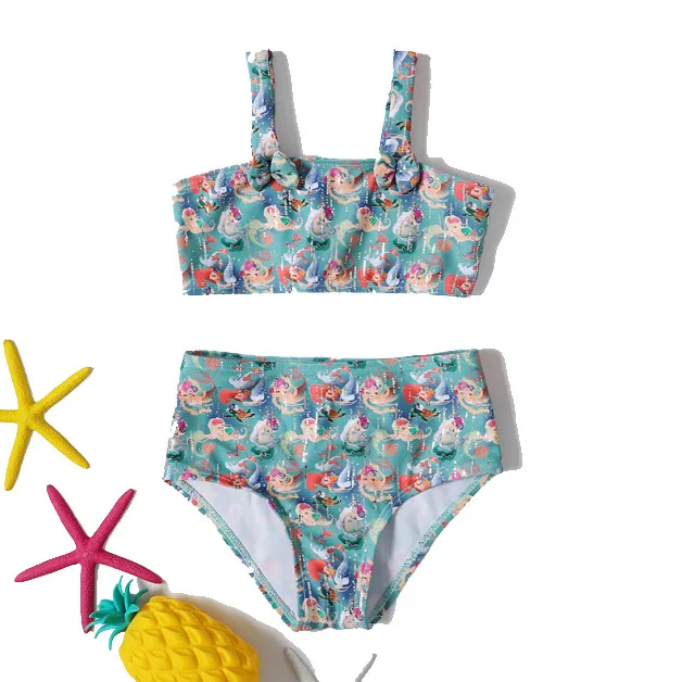 Fashion Girl Two-Pieces Backless Swimsuit Flounce Designer Suspender Sexy Beachwear 4-11T Girls Cartoon Printed Bathing Suit 3 Style