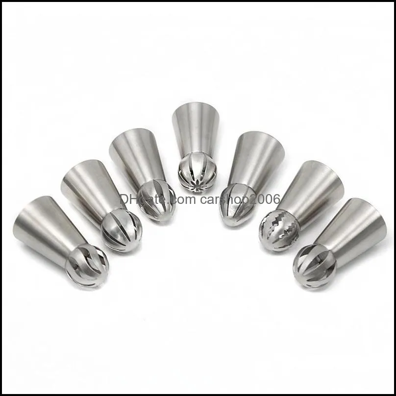 stainless steel cake decor piping tips set with coupler 6/7/12pcs spherical russian style cream nozzle for baking rt88 & pastry tools