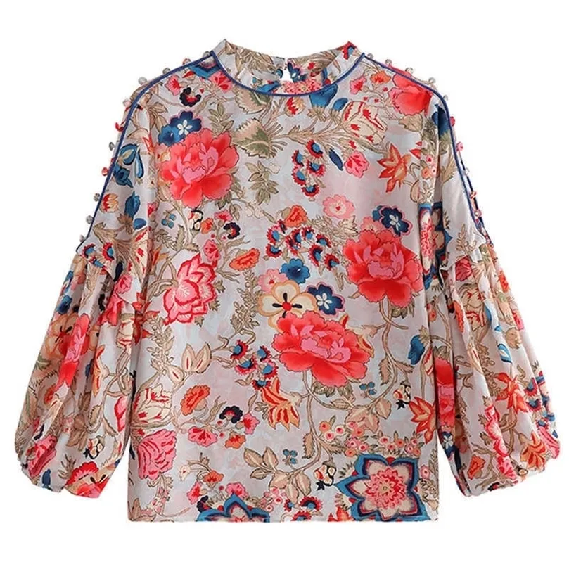 Vintage Floral Shirts Chinese Style Women Bluses Spring Autumn Chiffon Blue Long Lantern Sleeve Tops Blusas Mujer 210702