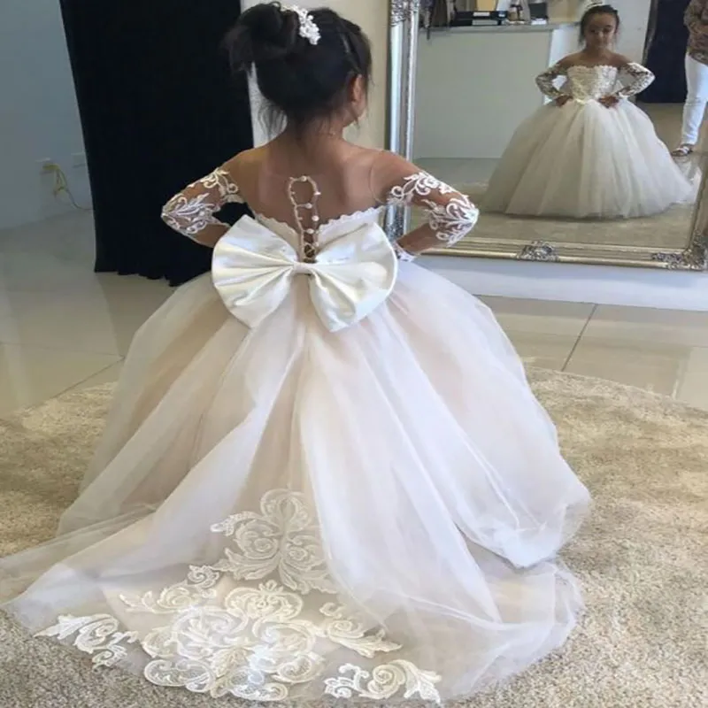 New Flower Girl Dress Brithday Party Wedding Formal Pageant Dress Occasion Princess Tutu Appliqued Lace Bow Bambini cerimoniali prima Comunione ragazze 2022