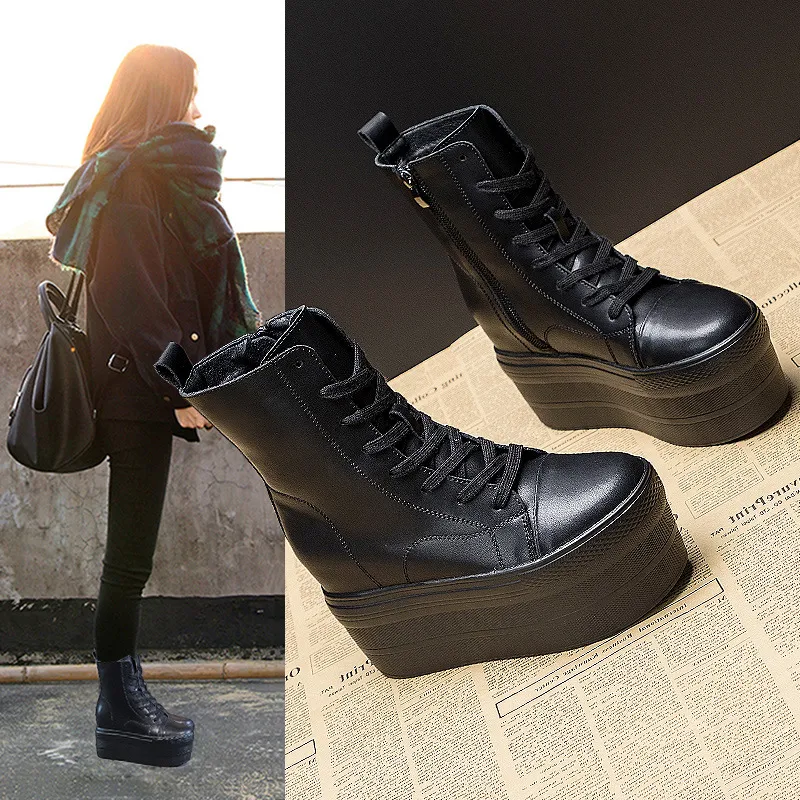 Echt Leer 10cm Verborgen Hak Laarzen Schoenen Rits Winter Laarzen Enkel Warme Booties Super Dikke Zool Platform Wedge