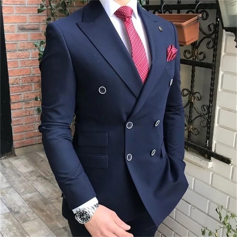 Endast 1 st jacka Navy Men's Double Breasted Blazer Regular Fit Notch Lapel Solid Prom Tuxedos Formal Man Jacket 220801