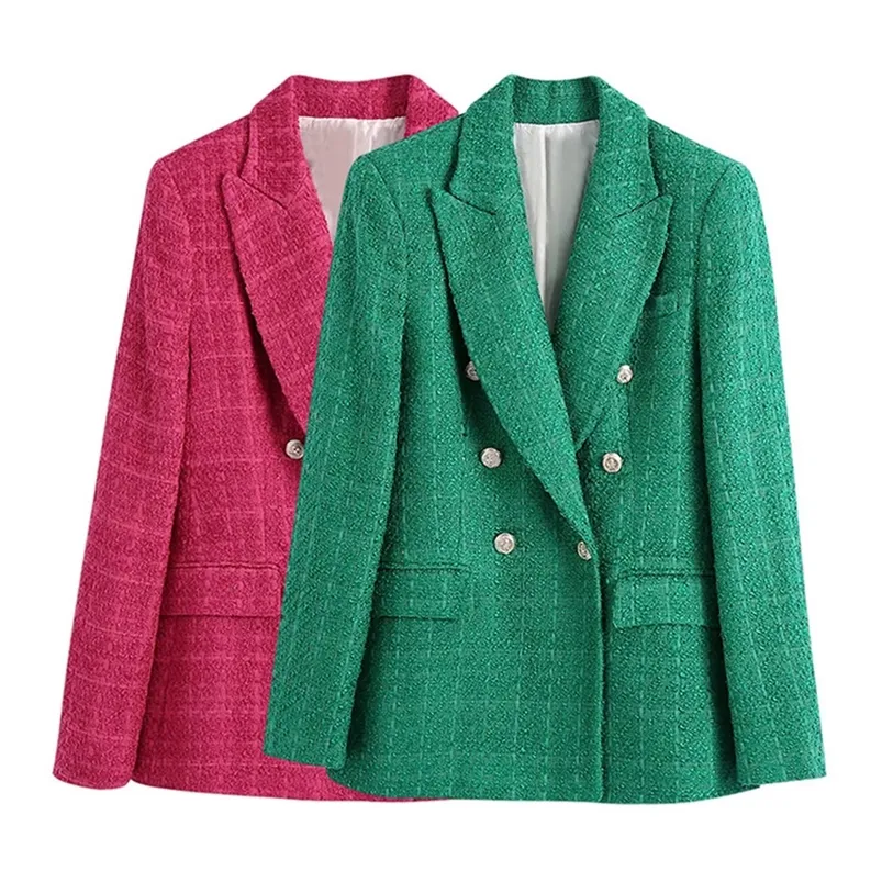 ONKOGENE Frauen Mode Zweireiher Tweed Grün Blazer Mantel Vintage Langarm Patten Taschen Weibliche Oberbekleidung Chic Veste 220812