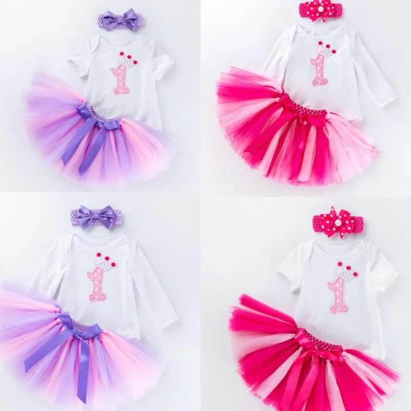 Vestuário conjuntos roxo rosa meninas coroa um romper seperado tutu saia vestidos primeiro aniversário menina infantil bowknot headband