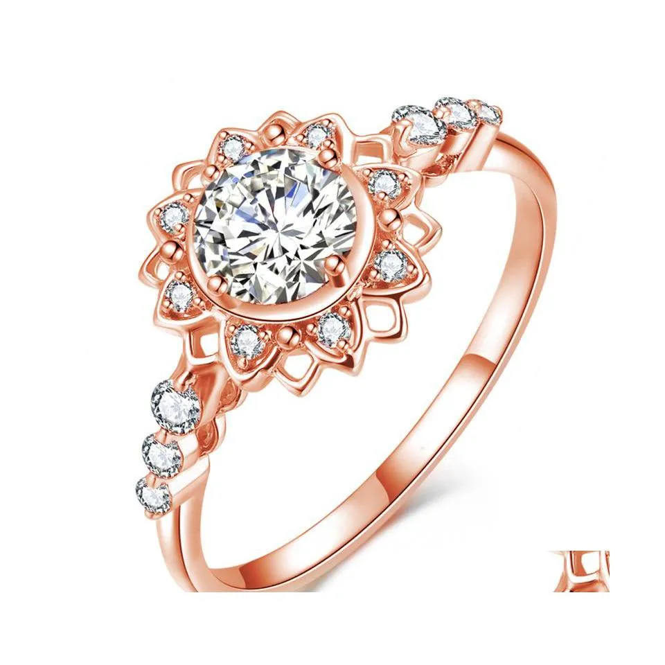 Band Rings Luxury Womens Snowflake Ring Fashion Yellow Rose Gold Crystal Zircon Vintage Wedding Sunflower Blooms Gorgeous Fireworks Dhpbw