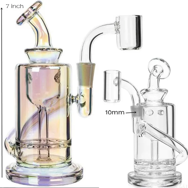 7 tum höjd Hookah Blue Clear Multicolor Recyler Dab Rigs Shisha Glass Bong med 10 mm bangervattenledningar