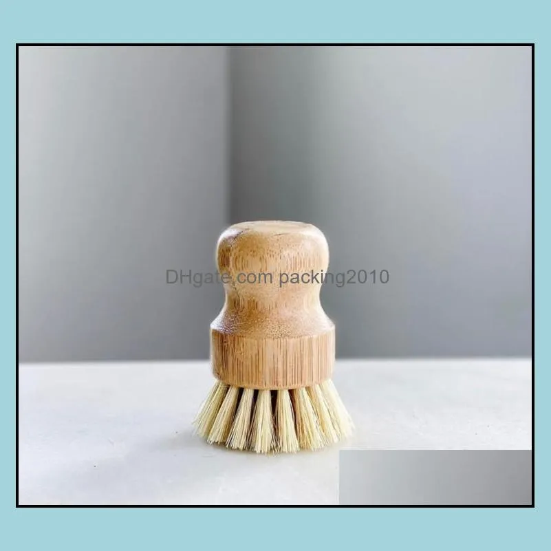 Round Wood Brush Handle Pot Dish Household Sisal Palm Bamboo Kitchen Chores Rub Cleaning Brushes