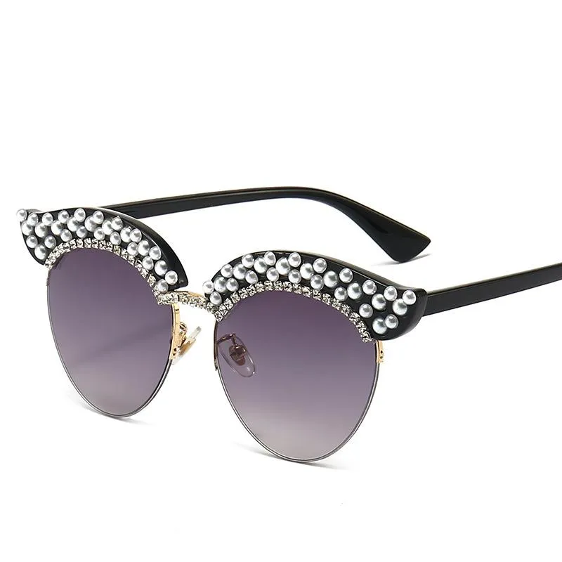 Sunglasses Luxury Designer Cat Eye Women Vintage Semi-Rimless Sun Glasses 2022 Bling Rhinestone Diamond Eyewear For FemaleSunglasses