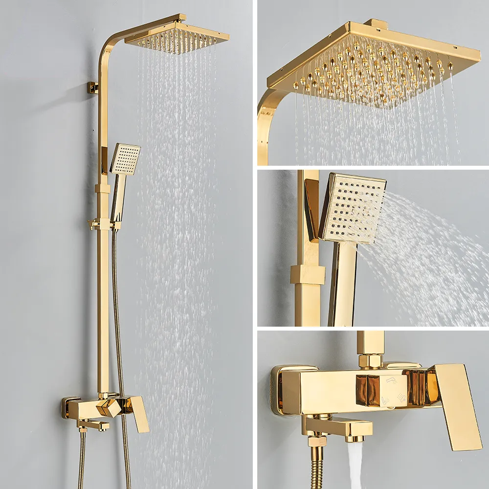 Robinet de douche de salle de bain doré ensemble Gold 8 "Précipitant Boucheur de douche Mur de grue monté avec douche à main