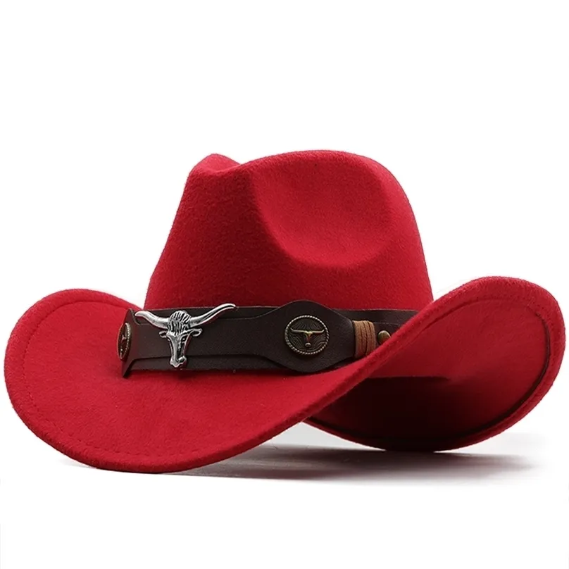 Basit Wome Erkek Kırmızı Yün Chapeu Western Cowboy Şapka Beyefendi Caz ​​Sombrero Hombre Cap Dad Cowgirl Şapkalar Boyut 5658cm 220813