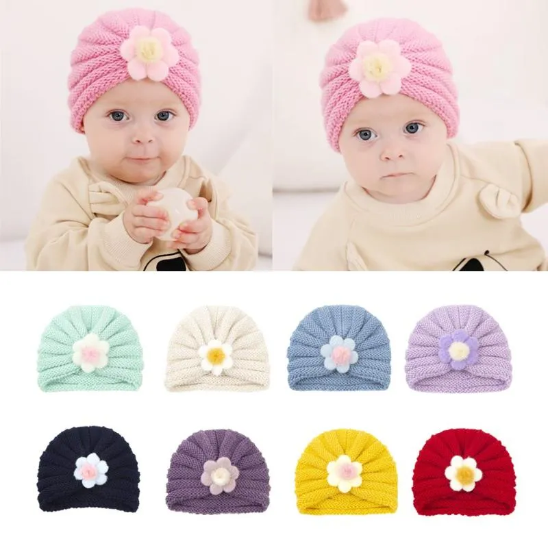 Mössor hattar söta barn stor blomma baby stickad hatt spädbarn född pojke flicka beanie cap höst vinter varmt barn barnhuv