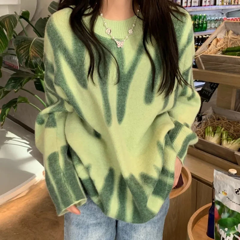 Ponadgabarytowe pullover kobiety Sweater Elegancki zielony druk w paski zimowe swetry streetwearu damskie jumper ciepła odzież wierzchnia 220816
